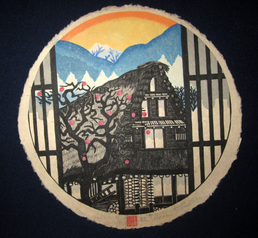 This is a very beautiful and special LIMITED-NUMBER (5/50) original Japanese woodblock print “Autumn” PENCIL SIGNED by the famous Showa Shin Hanga woodblock print master Toru Shimizu (1938-) made in 1970s IN EXCELLENT CONDITION.