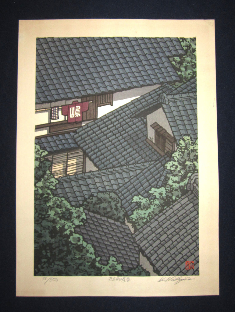 This is a EXTRA LARGE, very beautiful and special LIMITED-NUMBER (58/500) ORIGINAL Japanese Shin Hanga woodblock print “Roof” PENCIL SIGNED by the famous Showa Shin Hanga woodblock print master Kazuyuki Nishijima (1945-) made in 1980s IN EXCELLENT CONDITION.