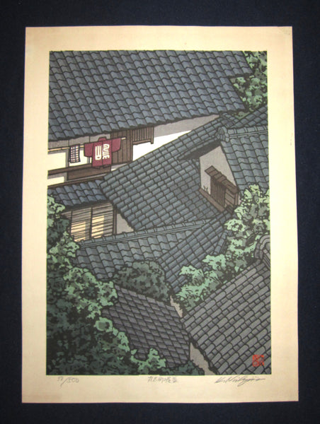 This is a EXTRA LARGE, very beautiful and special LIMITED-NUMBER (58/500) ORIGINAL Japanese Shin Hanga woodblock print “Roof” PENCIL SIGNED by the famous Showa Shin Hanga woodblock print master Kazuyuki Nishijima (1945-) made in 1980s IN EXCELLENT CONDITION.