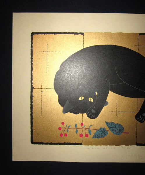 Great Extra Large Orig Japanese Woodblock Print Tadashige Nishida PENCIL Sign LIMIT Number Black Cat Wake
