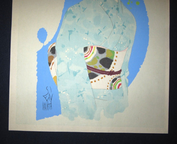 A Orig Japanese Woodblock Print Iwata Sentaro Bijin Shallow Spring Kimono (2)