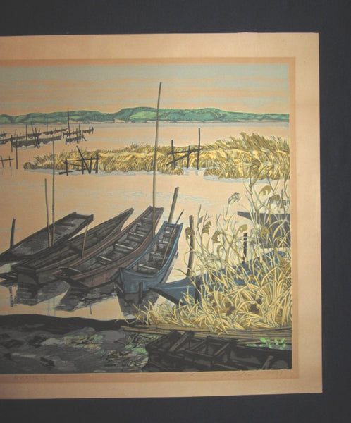 A Huge Orig Japanese Woodblock Print Kitaoka Fumio PENCIL Sign Limit# Winter at Lake Inbanuma