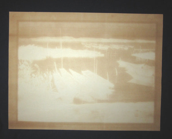 A Huge Orig Japanese Woodblock Print Kitaoka Fumio PENCIL Sign Limit# Winter at Lake Inbanuma