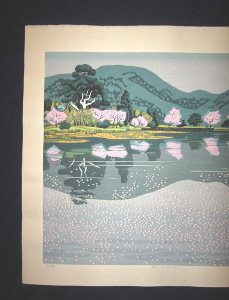 A Huge Orig Japanese Woodblock Print Kitaoka Fumio PENCIL Sign Limit# Spring at Osawaike