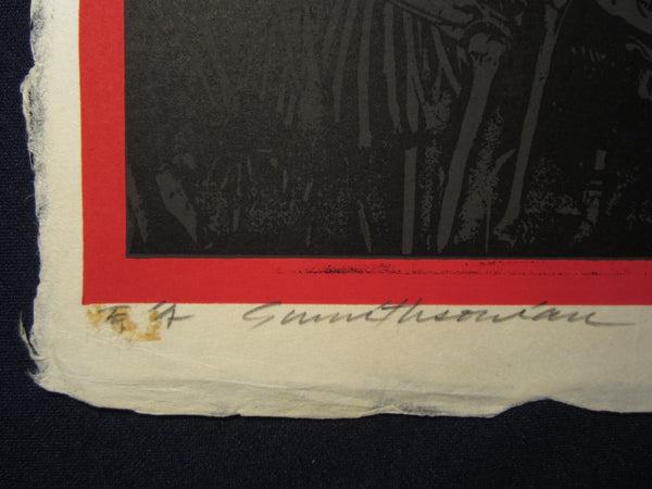 A Great Large Orig Japanese Woodblock Print LIMIT# PENCIL Sign Kurosaki Akira EMBROIDER MARK Smithsonian Museum