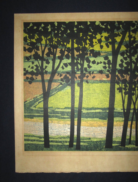A HUGE Orig Japanese Woodblock Print Pencil-Signed Limited-Number Fujita Fumio Moe Field 1978