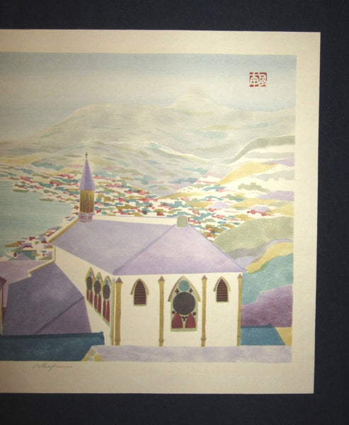 HUGE Orig Japanese Woodblock Print Pencil-Signed Limited# Yamashita Nampuu Nagasaki Cathedral 2