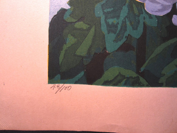 A HUGE Orig Japanese Woodblock Print LIMIT# PENCIL SIGN Hayashi Waichi Big Chrysanthemums 1980s