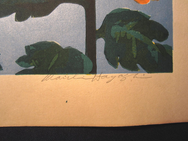A HUGE Orig Japanese Woodblock Print LIMIT# PENCIL SIGN Hayashi Waichi Big Chrysanthemums 1980s