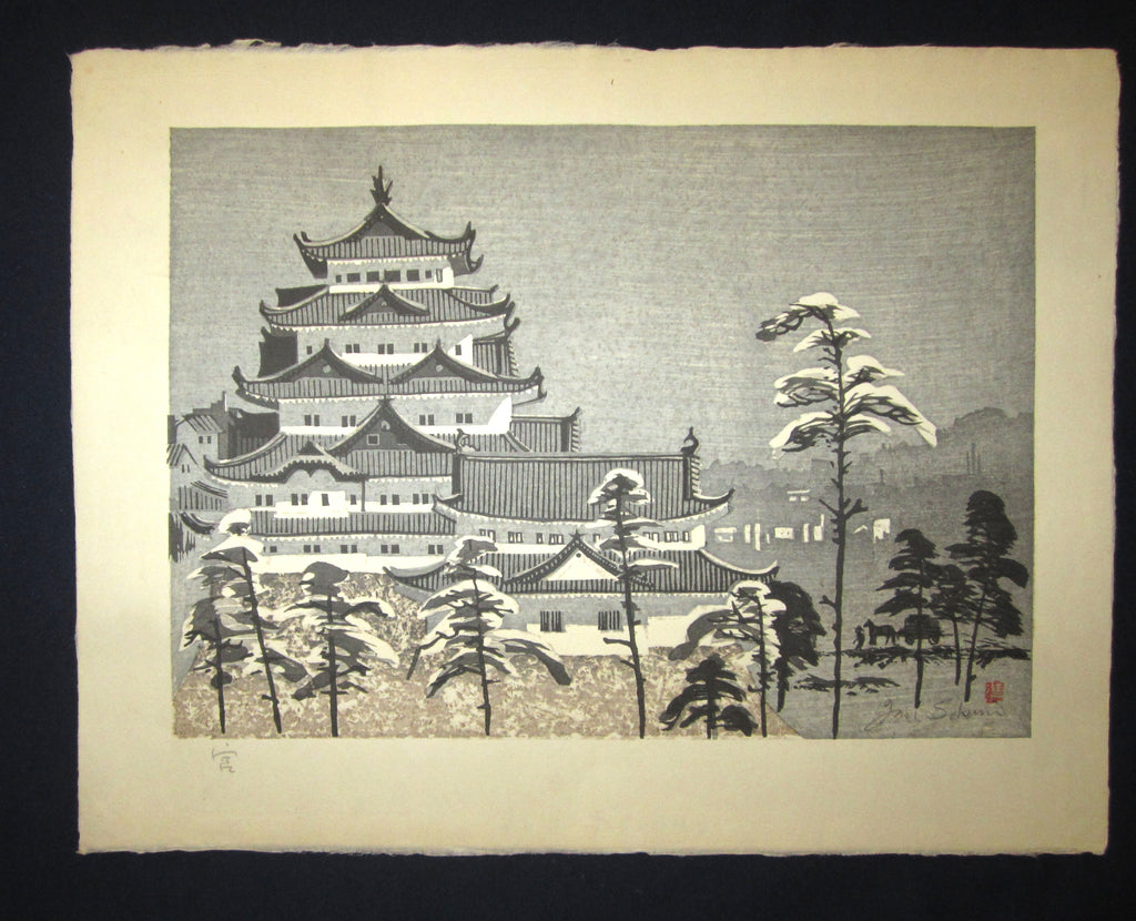 This is a HUGE very beautiful and special original Japanese woodblock print “Castle in Snow” signed by the Famous Taisho/Showa Shin Hanga woodblock print artist Junichiro Sekino (1914 ~1988) made in 1980s IN EXCELLENT CONDITION.