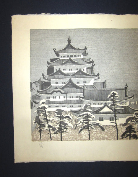 A Huge Original Japanese Woodblock Print Junichiro Sekino Castle in Snow 1980s