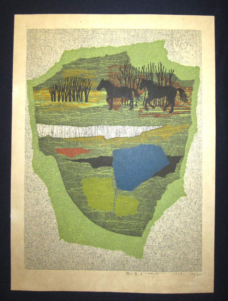 This is an EXTRA LARGE very beautiful, special and LIMITED-NUMBER (176/200) original Japanese woodblock print “Wild Horse A” Pencil-Signed by the famous Showa Shin Hanga woodblock print master Fujita Fumio (1933-) made in 1969.