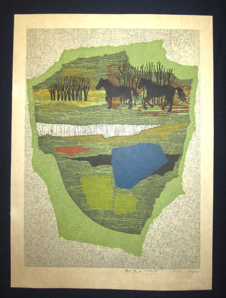 This is an EXTRA LARGE very beautiful, special and LIMITED-NUMBER (176/200) original Japanese woodblock print “Wild Horse A” Pencil-Signed by the famous Showa Shin Hanga woodblock print master Fujita Fumio (1933-) made in 1969.