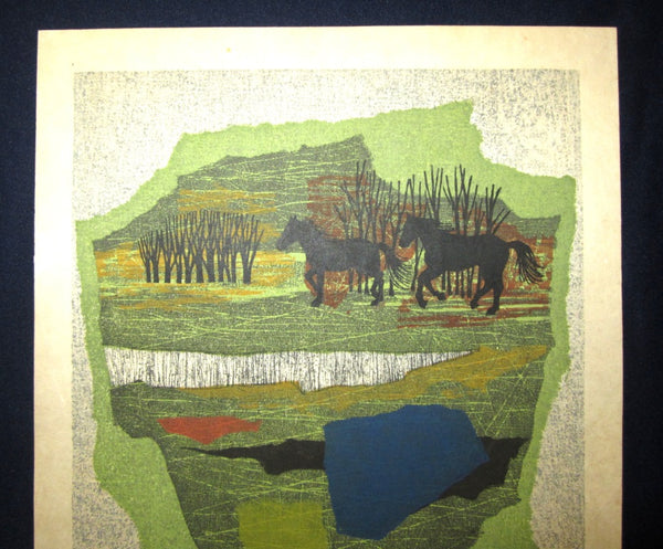 A Large Orig Japanese Woodblock Print Pencil-Signed Limited-Number Fujita Fumio Wild Horse A 1969