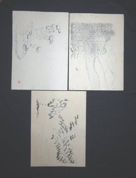 Three Great Orig Japanese woodblock print Aoyama Masaharu (Seiji) Snow, Pine, Bird, Forest and Rice Straw