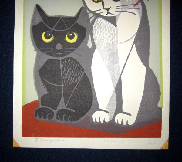 A Great Orig Japanese Woodblock Print Inagaki Tomoo Two Cats