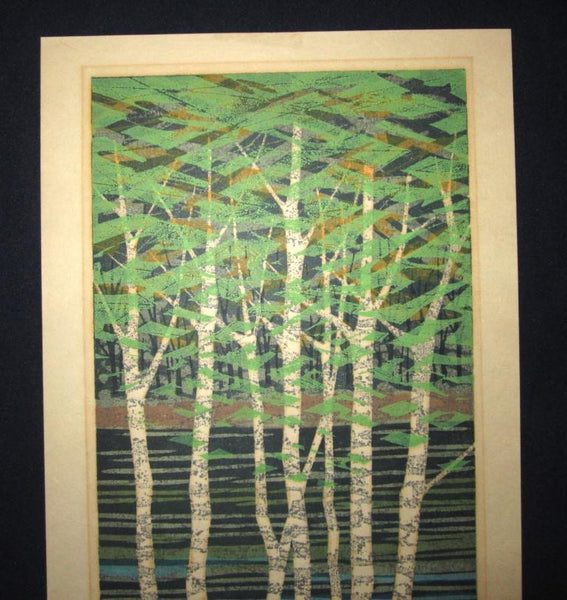 A Huge Orig Japanese Woodblock Print Pencil-Signed Limit# Fujita Fumio White Birch A at Riverside