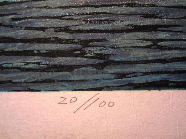 A Great HUGE Orig Japanese Woodblock Print PENCIL Sign Limit# Motosugu Sugiyama Twilight at Sumida River 1993