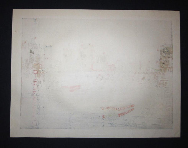 A Great HUGE Orig Japanese Woodblock Print PENCIL Sign Limit# Motosugu Sugiyama Twilight at Sumida River 1993