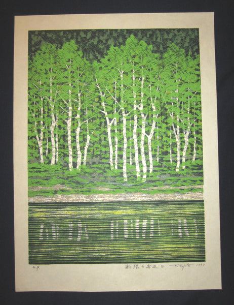 A Great Huge Orig Japanese Woodblock Print Pencil-Signed Limit# Fujita Fumio New Green at Riverside B 1997