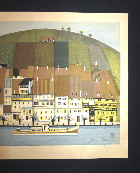 A Great Huge Orig Japanese Woodblock Print LIMIT NUMBER PENCIL SIGN Junichiro Sekino Boat Passing Mountain and Ocean Street WATER MARK