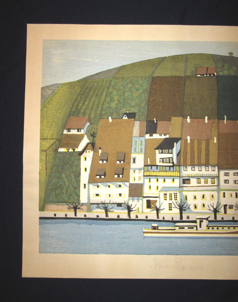 A Great Huge Orig Japanese Woodblock Print LIMIT NUMBER PENCIL SIGN Junichiro Sekino Boat Passing Mountain and Ocean Street WATER MARK