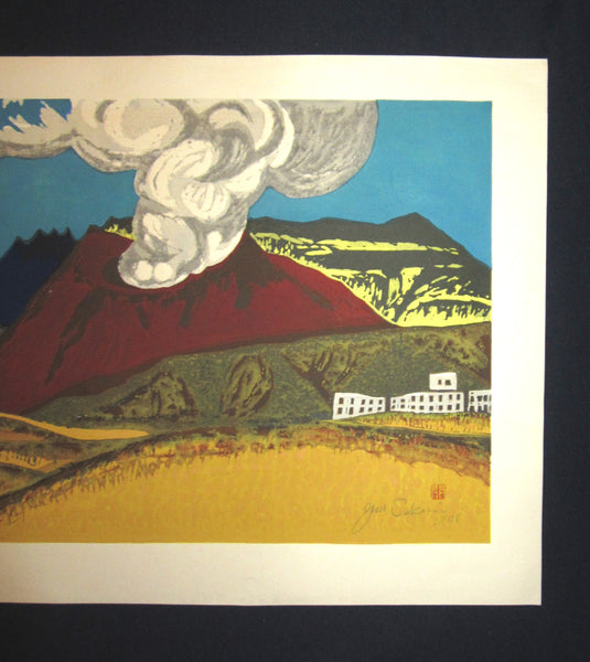 A Great Huge Orig Japanese Woodblock Print LIMIT NUMBER PENCIL SIGN Junichiro Sekino Mount Aso Active Volcano WATER MARK 1976