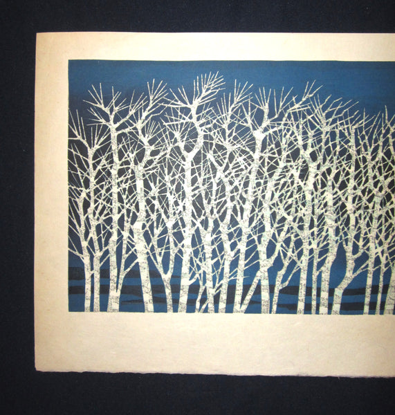 A Great Huge Orig Japanese Woodblock Print Pencil-Signed Limit# Fujita Fumio Frozen Forest, 1979