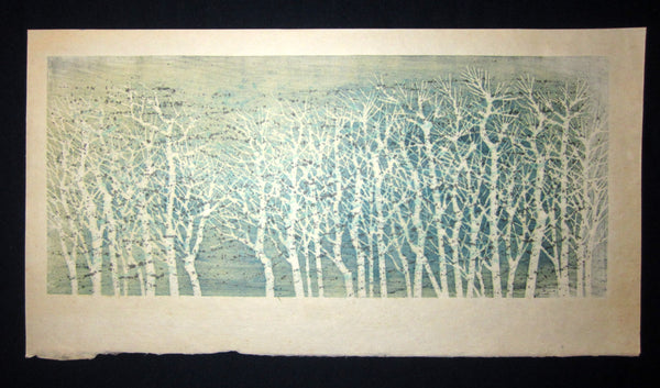 A Great Huge Orig Japanese Woodblock Print Pencil-Signed Limit# Fujita Fumio Frozen Forest, 1979