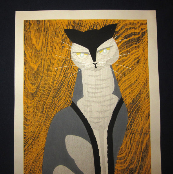 A Huge Orig Japanese Woodblock Print LIMIT# PENCIL Sign Ippei Kusaki Yellow Cat 1979