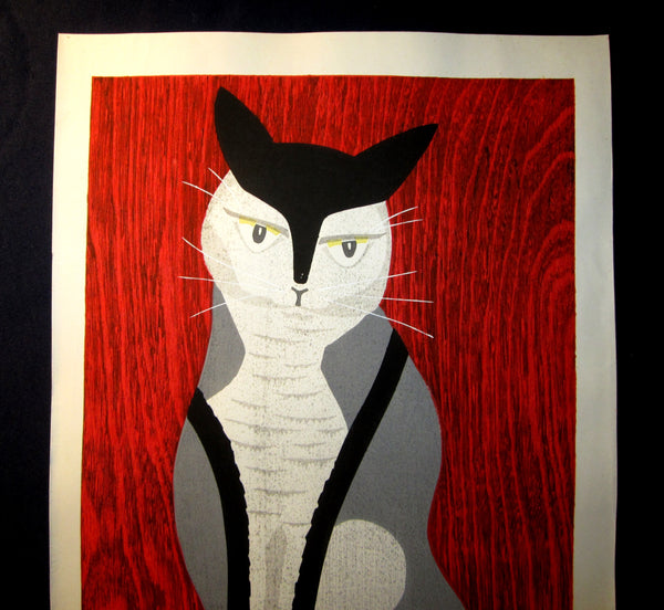 A Huge Orig Japanese Woodblock Print LIMIT# PENCIL Sign Ippei Kusaki Red Cat 1979