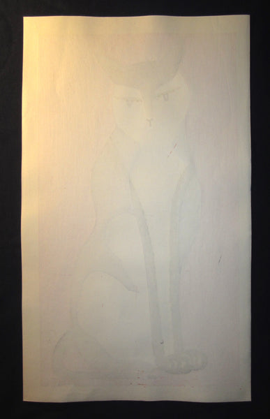 A Huge Orig Japanese Woodblock Print LIMIT# PENCIL Sign Ippei Kusaki Red Cat 1979