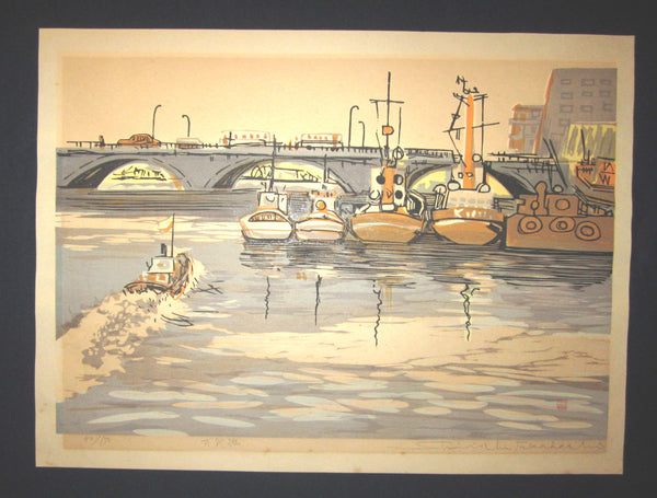 A Great Huge Orig Japanese Woodblock Print Pencil-Signed Limit# Takahashima Shinichi Bandai Bashi Bridge