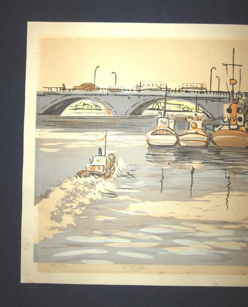 A Great Huge Orig Japanese Woodblock Print Pencil-Signed Limit# Takahashima Shinichi Bandai Bashi Bridge