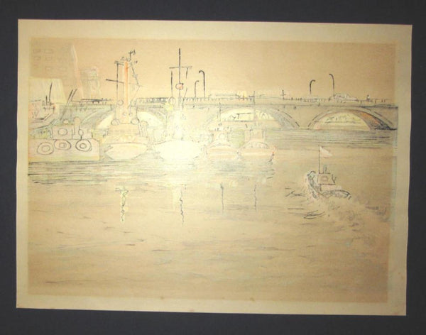 A Great Huge Orig Japanese Woodblock Print Pencil-Signed Limit# Takahashima Shinichi Bandai Bashi Bridge