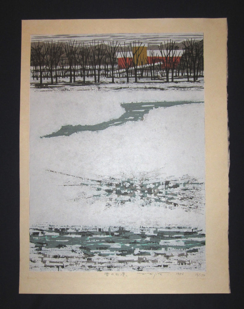 A Great Huge Orig Japanese Woodblock Print Pencil-Signed Limit# Fujita Fumio Snow Covered Plain