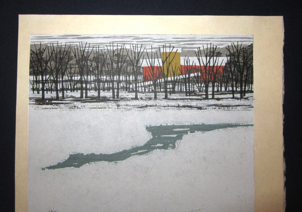 A Great Huge Orig Japanese Woodblock Print Pencil-Signed Limit# Fujita Fumio Snow Covered Plain