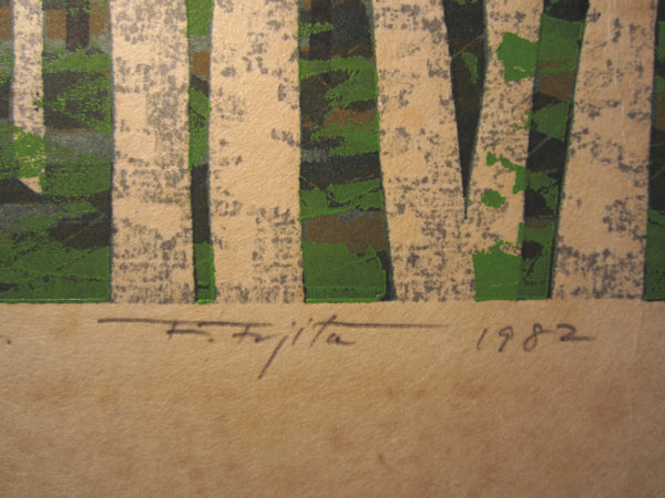 A Great Orig Japanese Woodblock Print Pencil-Signed Limit# Fujita Fumio White Birch Forest F 1982