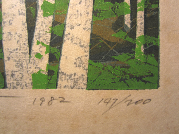 A Great Orig Japanese Woodblock Print Pencil-Signed Limit# Fujita Fumio White Birch Forest F 1982