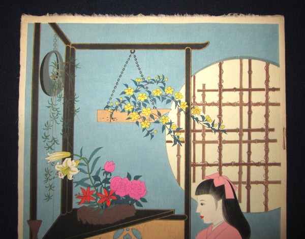 A Great Orig Japanese Woodblock Print Minagawa Chieko Flower Arrangement 1st Edition Kyoto Hanga Printmaker 1950s
