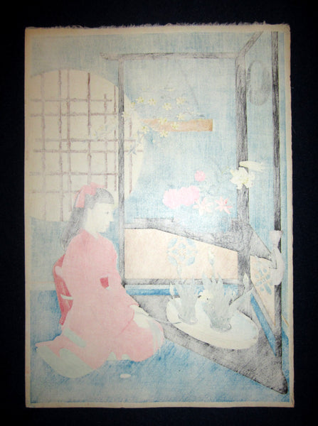 A Great Orig Japanese Woodblock Print Minagawa Chieko Flower Arrangement 1st Edition Kyoto Hanga Printmaker 1950s