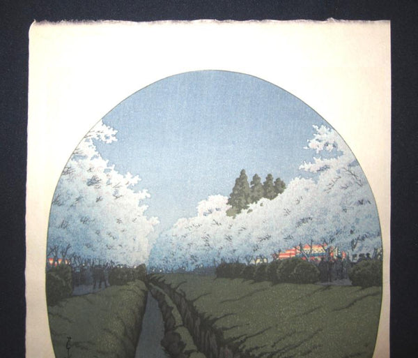 A Great Japanese Woodblock Print Hasui Kawase Night Cherry Blossom Showa 10 (1935) Watanabe Seal