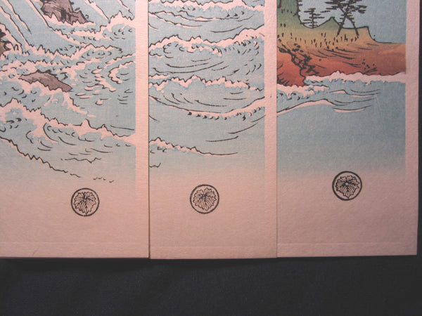 A Beautiful Japanese Woodblock Print Triptych Hiroshige Utagawa Whirlpools of Naruto Straits in Awa Prefecture