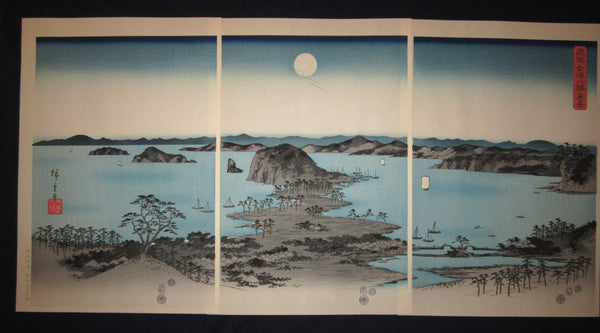 A Beautiful Japanese Woodblock Print Triptych Hiroshige Utagawa Eight Views of Kanazawa at Night