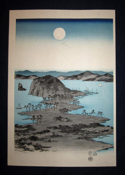 A Beautiful Japanese Woodblock Print Triptych Hiroshige Utagawa Eight Views of Kanazawa at Night