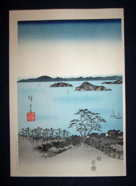 A Beautiful Japanese Woodblock Print Triptych Hiroshige Utagawa Eight Views of Kanazawa at Night