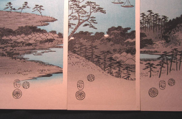 A Beautiful Japanese Woodblock Print Triptych Hiroshige Utagawa Eight Views of Kanazawa at Night