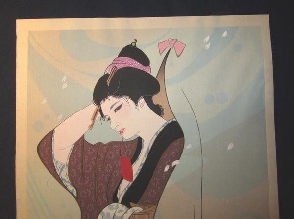 A Great Orig Japanese Woodblock Print Iwata Sentaro Bijin Beauty Daytime Pssion 1970s