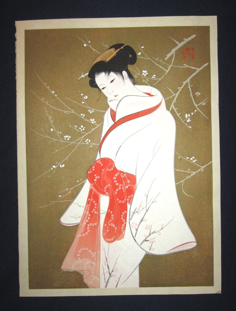 A Great Orig Japanese Woodblock Print Iwata Sentaro Bijin Beauty Plum 1970s