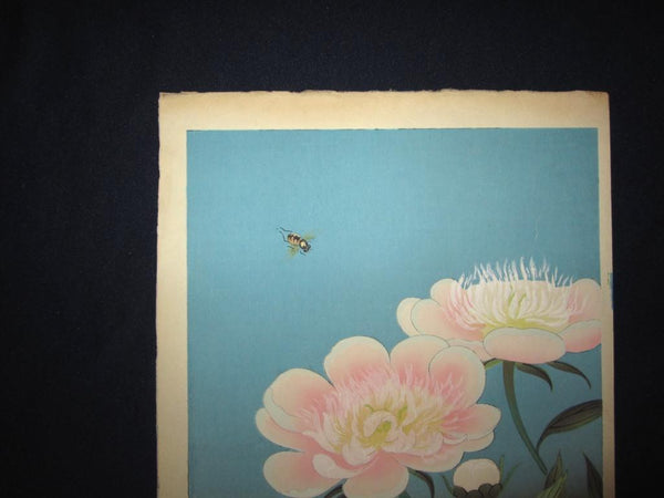 A Great Orig Japanese Woodblock Print Ohno Bafuku Bee and Peony Kyoto Hanga Printmaker 1950s ORIGINAL EDITION (2)